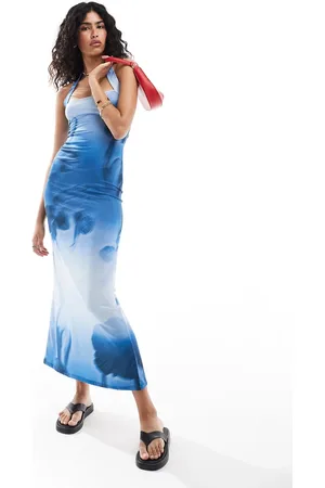 ASOS Vestido midi azul ajustado con cuello halter de tirantes y estampado floral sombreado de -Multicolor