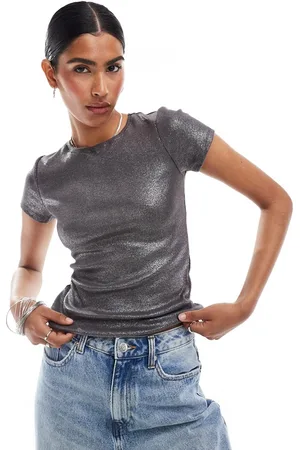 VERO MODA Camiseta gris asfalto con acabado revestido metalizado de