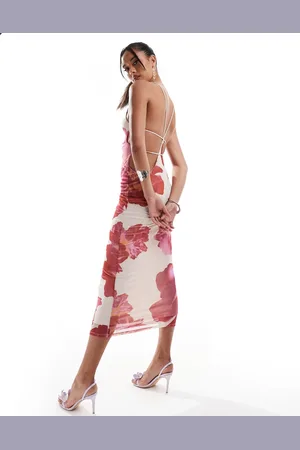 ASOS Vestido midi rosa con estampado floral, cuello halter y detalle de abertura grande en la espalda de -Multicolor