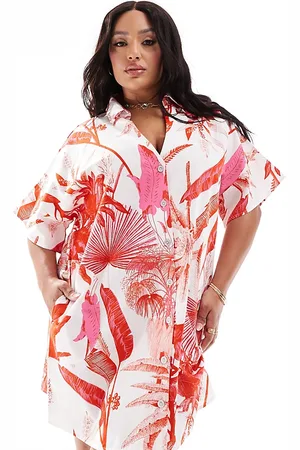 ASOS Vestido camisero corto de corte cuadrado y manga corta con de tejido efecto lino de ASOS DESIGN Curve-Multicolor