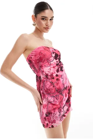 ASOS Vestido corto con estampado floral abstracto, lateral plisado y diseño adornado de -Rosa