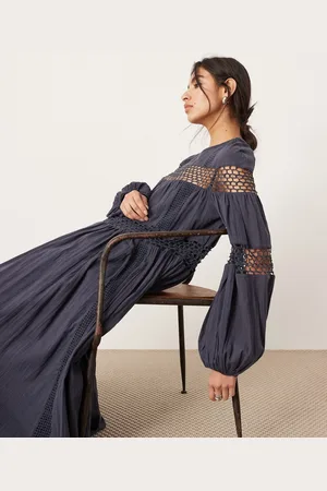 ASOS Vestido largo de corte trapecio con mangas blusón, cintura baja y ribete de croché de -Multicolor