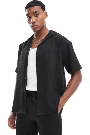 JACK & JONES Camisa negra extragrande con solapas de tejido efecto rugoso de (parte de un conjunto)