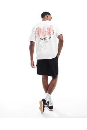 JACK & JONES Camiseta blanca extragrande con estampado "Manhattan" en la espalda de