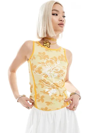 Daisy Street Camiseta retro sin mangas entallado con estampado de flores de hibisco de