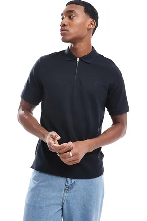 JACK & JONES Polo negro con cremallera de tejido gofrado de