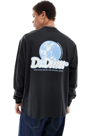 Dr Denim Camiseta negro desgastado holgada de manga larga con estampado gráfico en la espalda Reno de