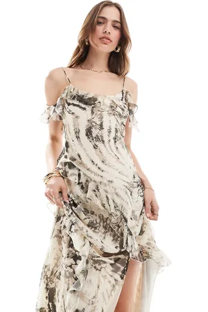 MANGO Vestido midi con estampado animal variado y escote Bardot de
