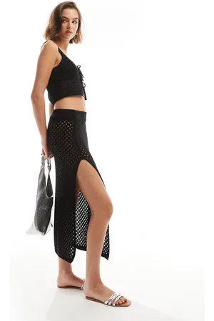 Miss Selfridge Falda larga negra con detalle de abertura de croché de -Blanco