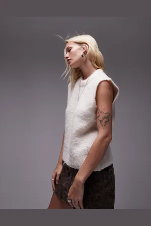 Topshop Chaleco color con cuello redondo de punto de bouclé de -Blanco