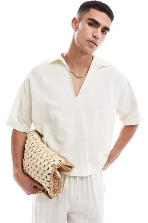 ASOS Camisa color extragrande sin cierres de mezcla de lino de -Beis neutro