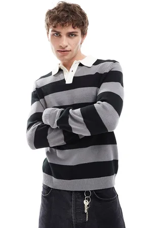 ASOS Polo negro y a rayas estilo rugby de punto de