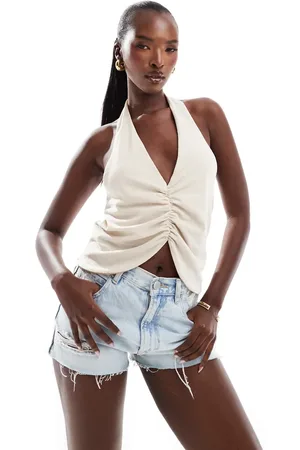 ASOS Top color con cuello halter y parte delantera fruncida de -Beis neutro