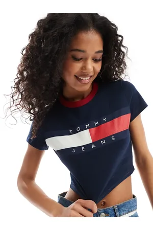 Tommy Hilfiger Camiseta azul marino de corte slim con ribetes y logo de bandera color block de