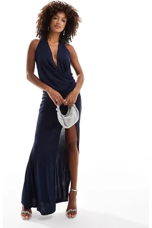 ASOS Vestido largo cruzado en la parte delantera con cuello halter y abertura hasta el muslo de