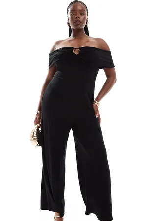 ASOS Mono largo con escote Bardot fruncido y abertura en la parte delantera de Curve