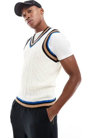ASOS Chaleco color con ribetes azules y cuello de pico de punto de -Beis neutro