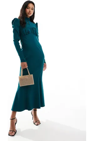 DASKA Vestido largo color cerceta con cuello alto y falda de corte sirena de -Azul