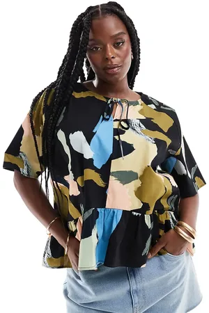 ASOS Top amplio con estampado artístico abstracto y lazada delantera de ASOS DESIGN Curve-Multicolor
