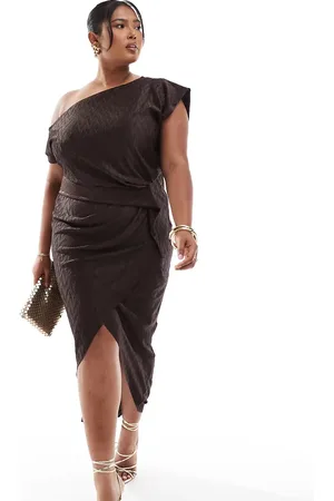 ASOS Vestido midi marrón plisado con patrón de chevrón, cuello subido y espalda desbocada de ASOS DESIGN Curve-Gris