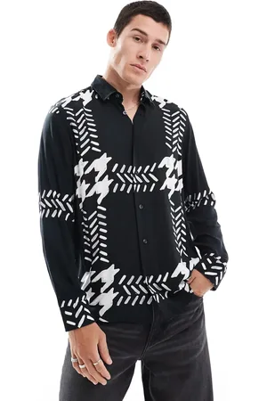 HUGO BOSS Camisa negra de manga larga con estampado de pata de gallo extragrande Emero de