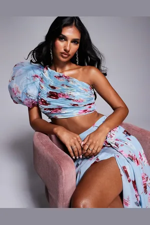 ASOS Top azul asimétrico con estampado floral y manga abullonada de (parte de un conjunto)