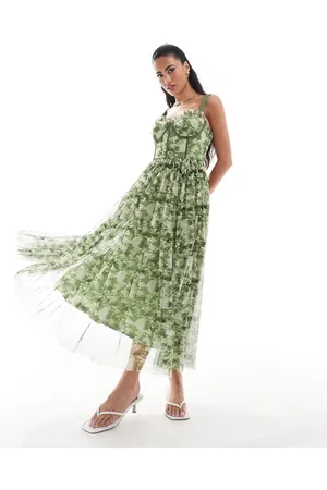 Lace & Beads Vestido midi verde oliva con estampado floral y cuerpo tipo corsé de tul de