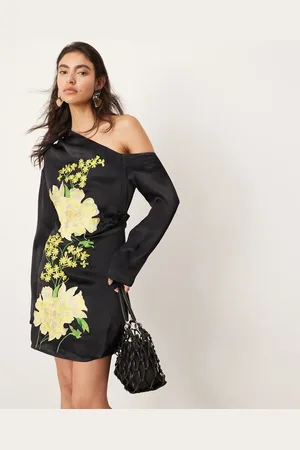ASOS Vestido corto de manga larga con bordados florales y escote Bardot de satén de