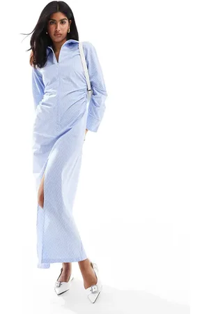 ASOS Vestido camisero largo azul y blanco a rayas con cremallera de -Multicolor