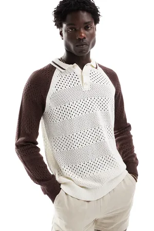 ASOS Polo color holgado con botones y mangas marrones en contraste de punto pointelle de -Beis neutro