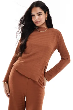 VILA Top color óxido de manga larga con cuello barco de tejido texturizado de (parte de un conjunto)-Naranja