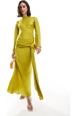 ASOS Vestido largo amarillo verdoso de manga larga con cinturón colgante de satén de -Verde