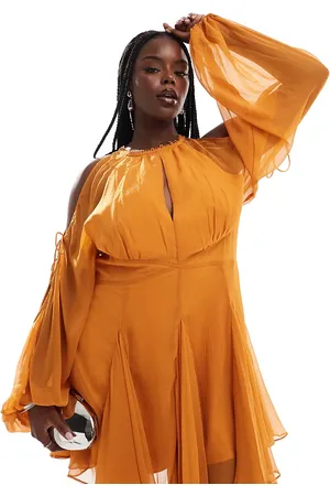 ASOS Vestido corto naranja tostado con abertura delantera y detalle de insertos exclusivo de ASOS DESIGN Curve-Amarillo