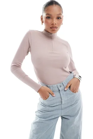 Threadbare Body marrón topo de manga larga con cuello subido y media cremallera de canalé de -Beis