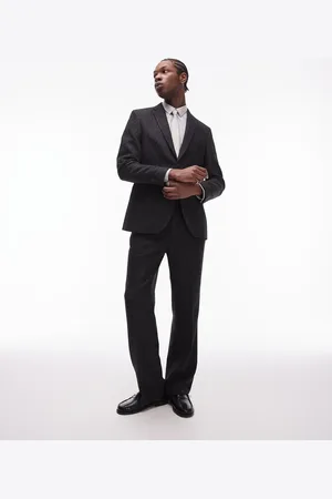 Topman Pantalones de traje jaspeado de corte recto holgado y talle alto de mezcla de lana de