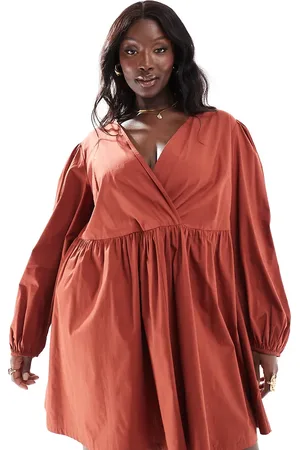 ASOS Vestido corto color óxido amplio con cuello de pico de algodón de ASOS DESIGN Curve-Multicolor
