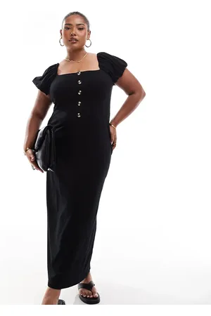 ASOS Vestido midi con escote cuadrado, mangas abullonadas y botones en la parte delantera de ASOS DESIGN Curve
