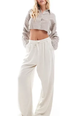 Miss Selfridge Pantalones color de pernera ancha sin cierres de mezcla de lino de -Blanco