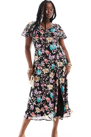 ASOS Vestido de tarde midi en tonos oscuros con estampado floral y detalle de costuras de ASOS DESIGN Curve-Multicolor