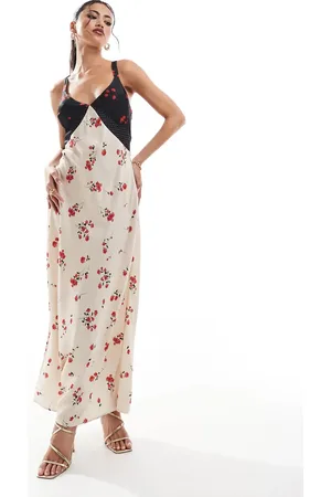 French Connection Vestido midi negro y color crema de satén con estampado variado e insertos de encaje de -Blanco