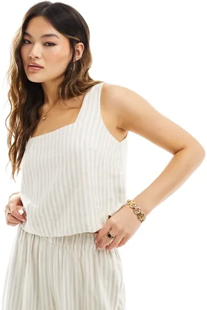Abercrombie & Fitch Top a rayas beis y blancas con cuello cuadrado de mezcla de lino de (parte de un conjunto)-Blanco