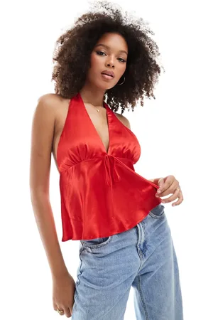 ASOS Top con cuello halter y lazada delantera de satén de