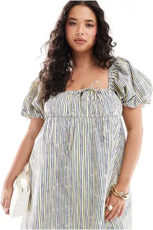 ASOS Vestido corto amarillo a rayas de corte amplio con mangas abullonadas de ASOS DESIGN Curve-Multicolor