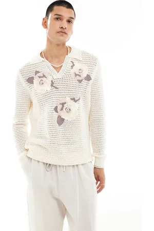 ASOS Polo color con bordado floral y muesca en el cuello de croché de -Beis neutro