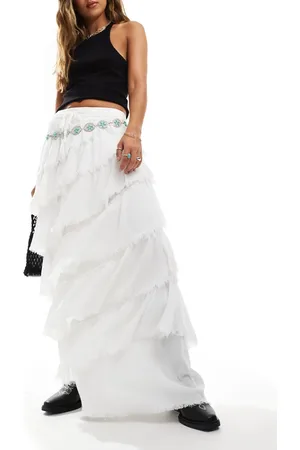 Miss Selfridge Falda larga blanca asimétrica y escalonada con bordes deshilachados de tejido texturizado de -Blanco