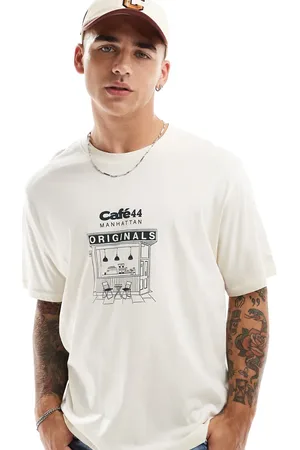 JACK & JONES Camiseta color crema extragrande con estampado "Café 44" en el pecho de -Blanco