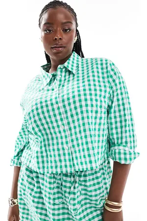 ASOS Camisa corta a cuadros vichy verdes de tejido efecto lino de ASOS DESIGN Curve (parte de un conjunto)
