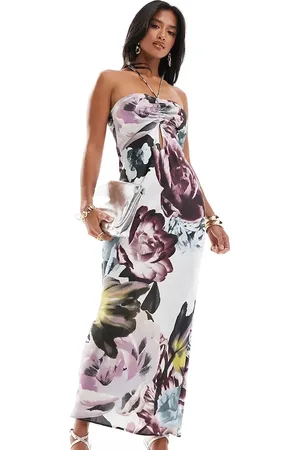 ASOS Vestido largo con grande, cuello halter, pecho fruncido y abertura de satén de ASOS DESIGN Petite-Multicolor