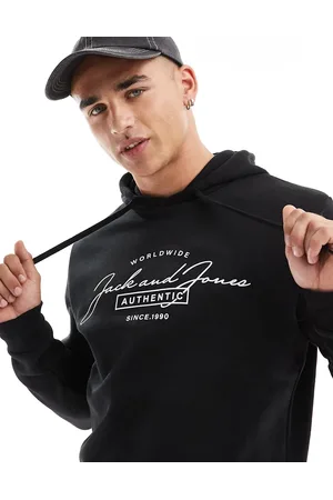 JACK & JONES Sudadera negra con capucha y logo de texto de