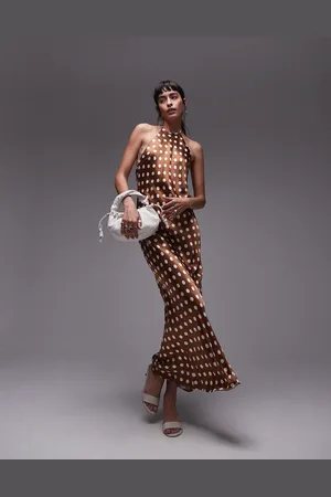 Topshop Vestido largo con cuello halter y estampado de lunares de